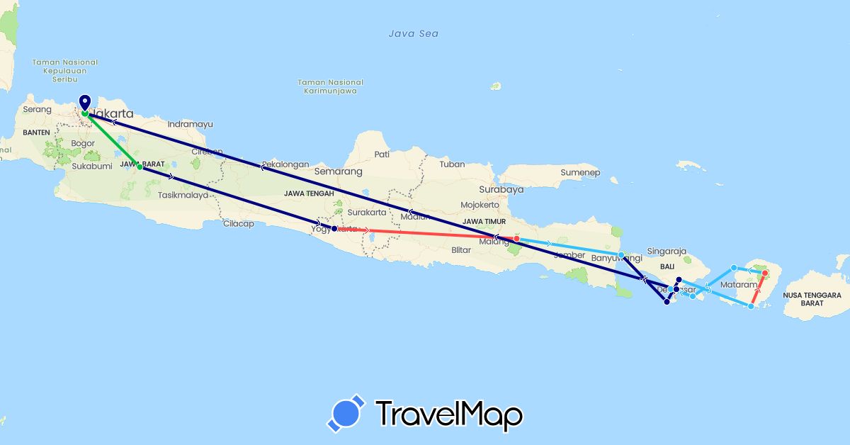 TravelMap itinerary: driving, bus, hiking, boat in Indonesia (Asia)